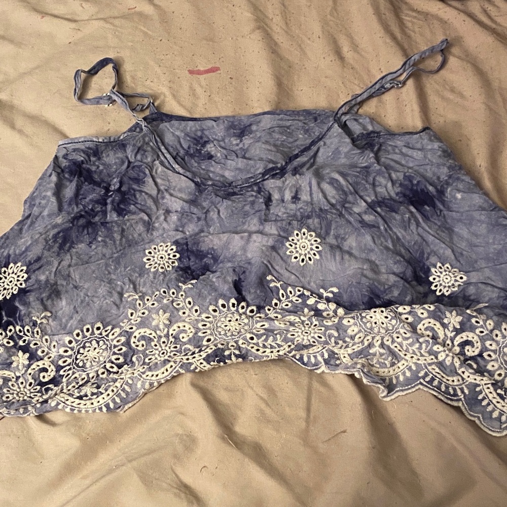 Blue Tie-Dye Lace Trim Women's Top